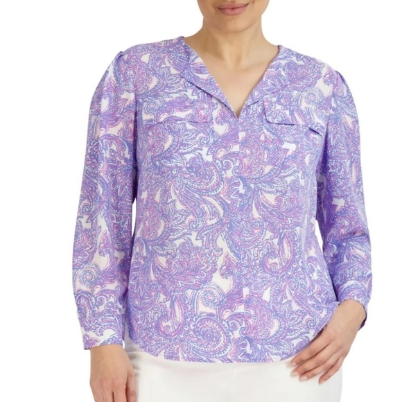 Jones New York Paisley split neck blouse - Picture 2 of 5